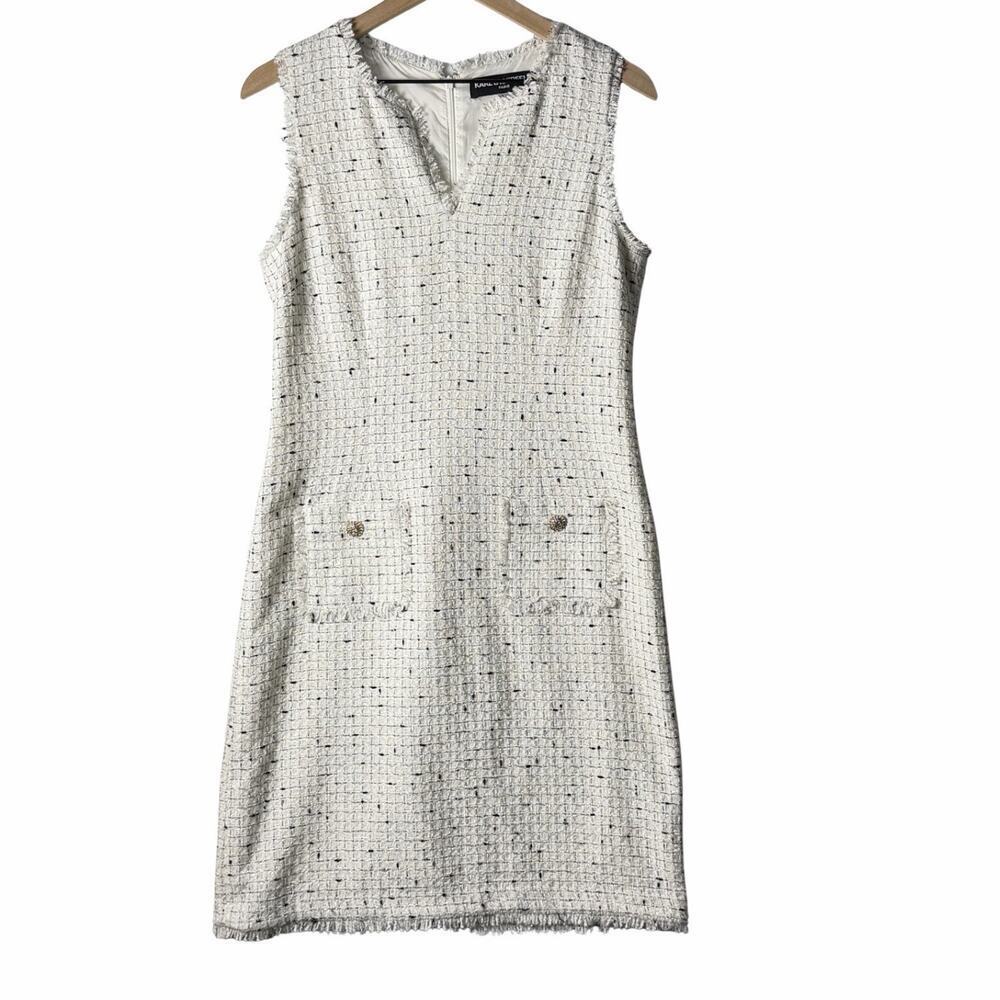 Karl Lagerfeld Tweed Sleeveless Shift Dress V-neck White Black Women’s Size 8